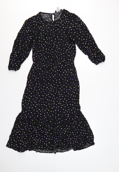 Dorothy Perkins Women Black Multicolour Polka Dot Midi Fit & Flare Dress UK 10