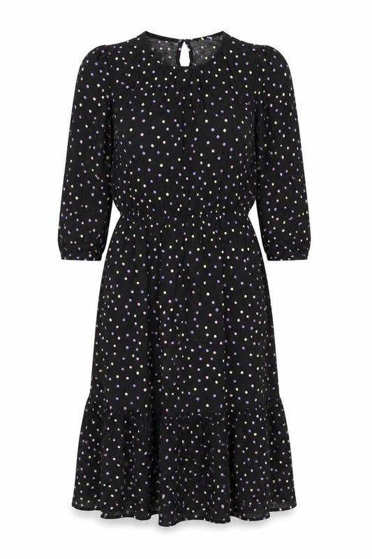 Dorothy Perkins Women Black Multicolour Polka Dot Midi Fit & Flare Dress UK 10