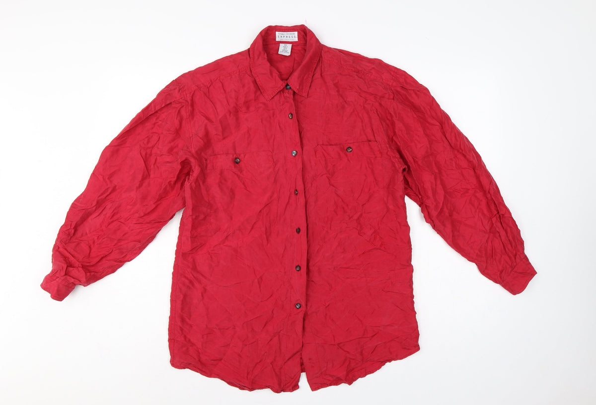 Express Women Red S Pure Silk Button-Up Long Sleeve Shirt