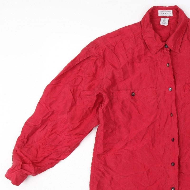 Express Women Red S Pure Silk Button-Up Long Sleeve Shirt