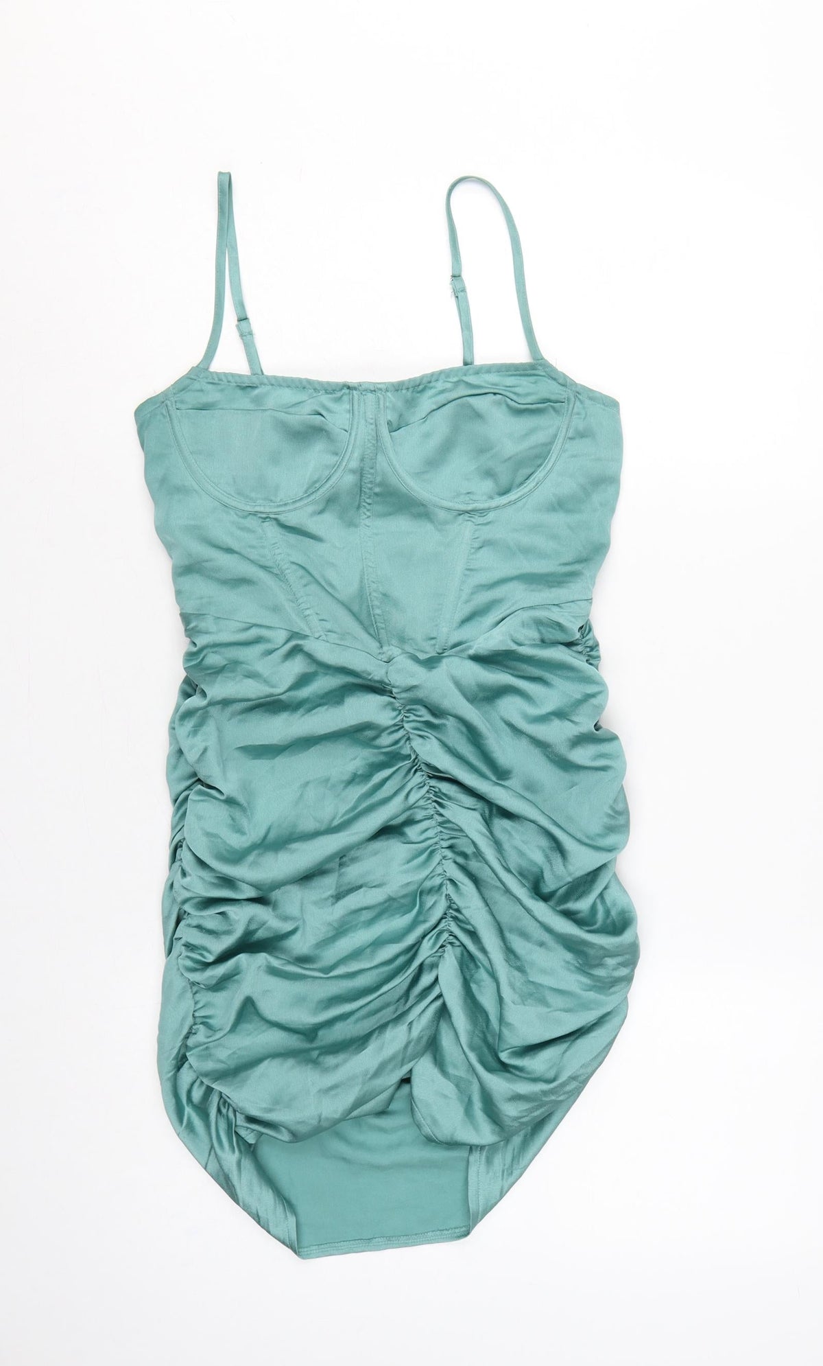 PrettyLittleThing Women Green UK 10 Satin Ruched Bodycon Mini Dress