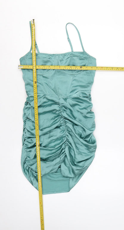 PrettyLittleThing Women Green UK 10 Satin Ruched Bodycon Mini Dress