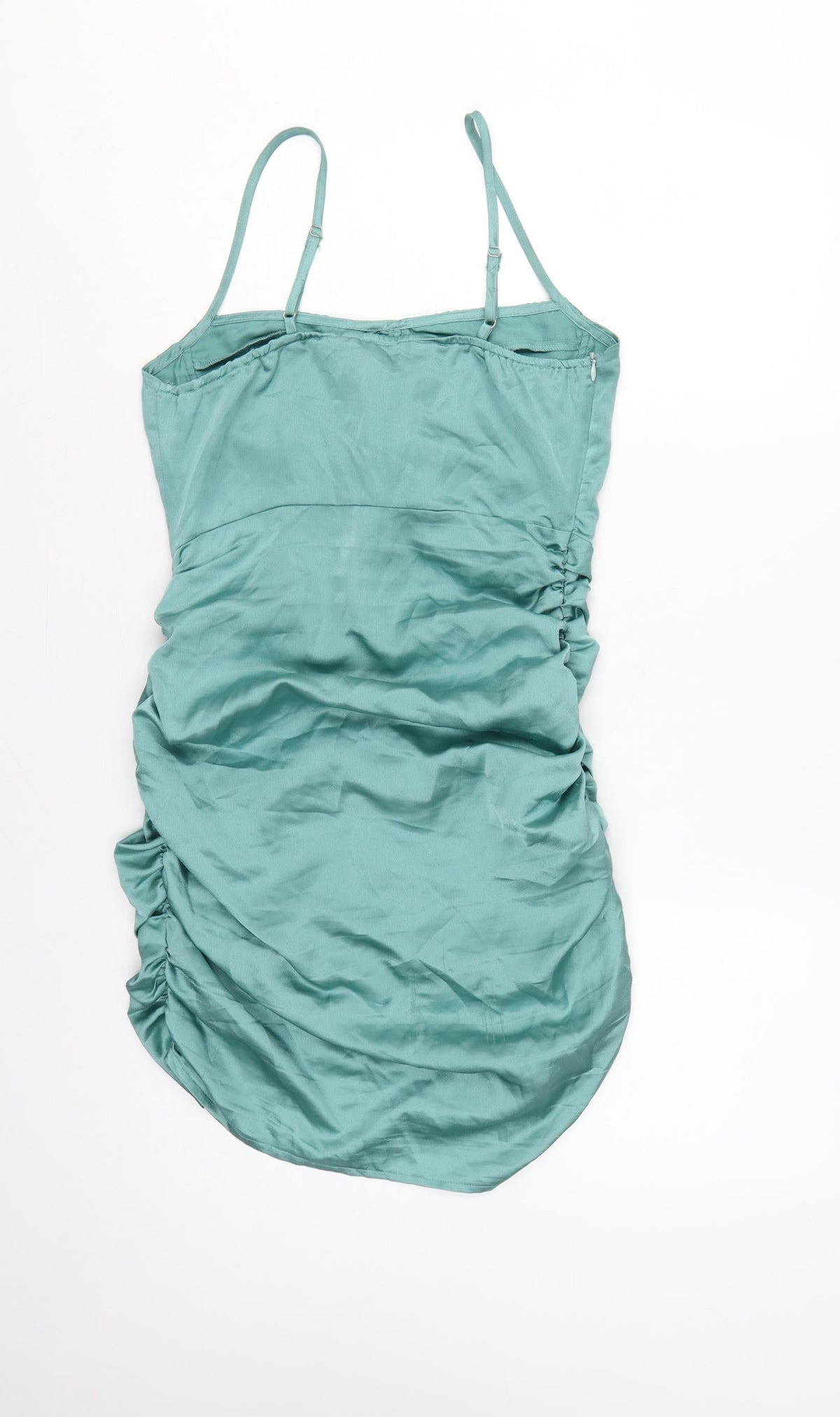 PrettyLittleThing Women Green UK 10 Satin Ruched Bodycon Mini Dress