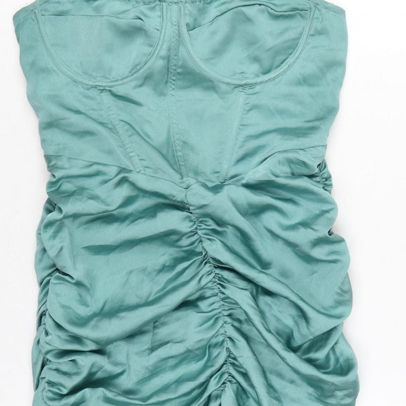 PrettyLittleThing Women Green UK 10 Satin Ruched Bodycon Mini Dress