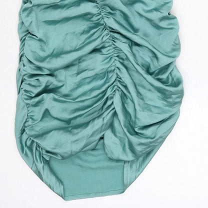 PrettyLittleThing Women Green UK 10 Satin Ruched Bodycon Mini Dress