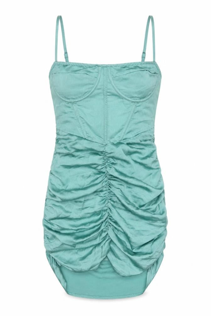 PrettyLittleThing Women Green UK 10 Satin Ruched Bodycon Mini Dress