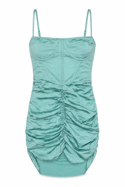 PrettyLittleThing Women Green UK 10 Satin Ruched Bodycon Mini Dress