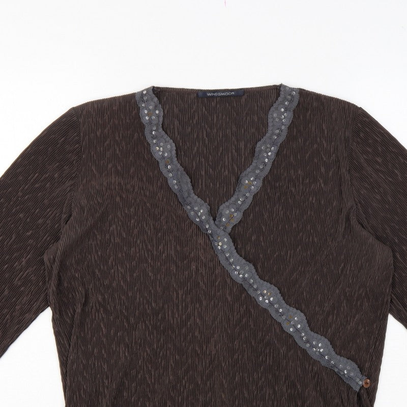 Windsmoor Women’s Brown M Wrap Blouse 3/4 Sleeve Beaded V-Neck