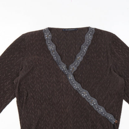 Windsmoor Women’s Brown M Wrap Blouse 3/4 Sleeve Beaded V-Neck