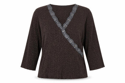 Windsmoor Women’s Brown M Wrap Blouse 3/4 Sleeve Beaded V-Neck