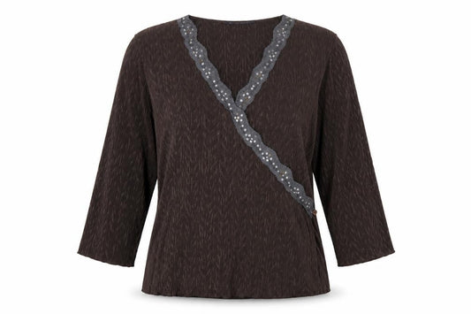 Windsmoor Women’s Brown M Wrap Blouse 3/4 Sleeve Beaded V-Neck