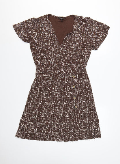 Next Women Brown Animal Print Wrap Dress UK 10 Knee Length Stretch