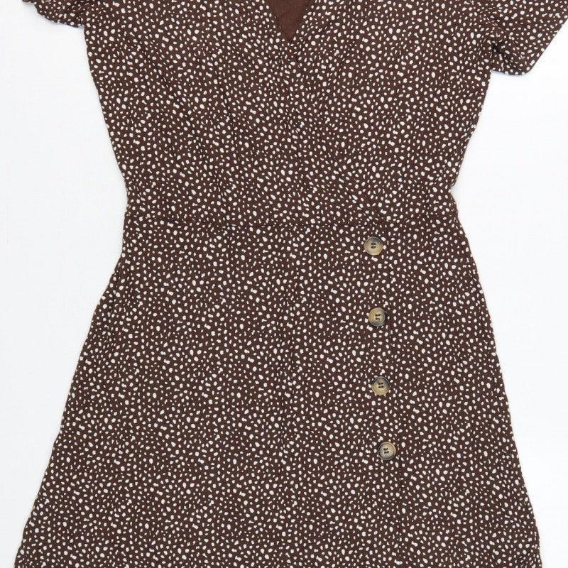 Next Women Brown Animal Print Wrap Dress UK 10 Knee Length Stretch