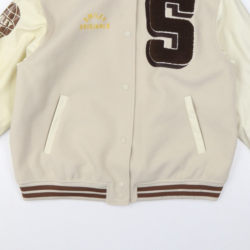 H&M Smiley Women Beige S Varsity Bomber Jacket Snap Padded