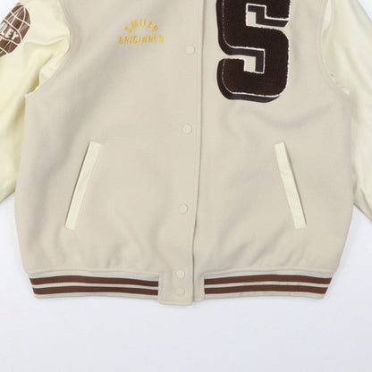 H&M Smiley Women Beige S Varsity Bomber Jacket Snap Padded