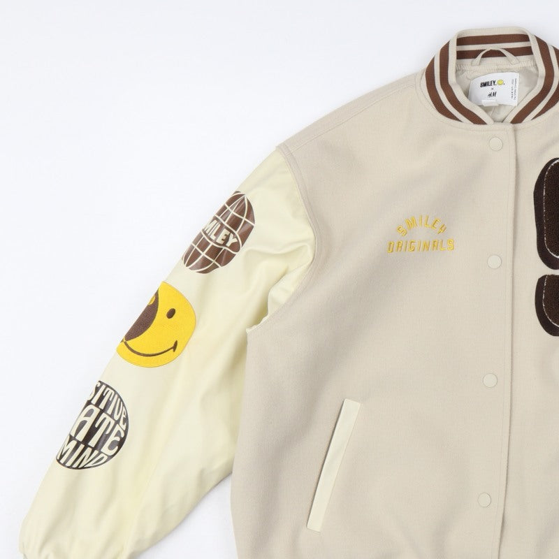H&M Smiley Women Beige S Varsity Bomber Jacket Snap Padded