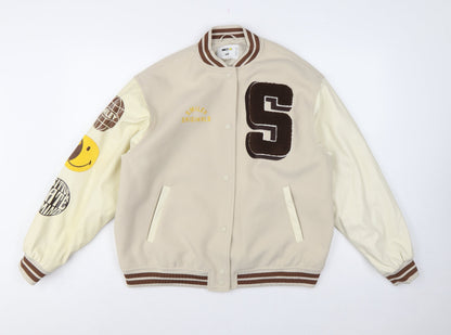 H&M Smiley Women Beige S Varsity Bomber Jacket Snap Padded