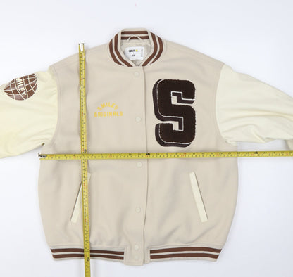 H&M Smiley Women Beige S Varsity Bomber Jacket Snap Padded