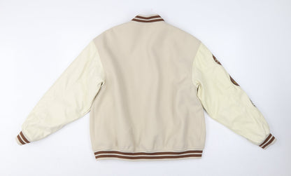 H&M Smiley Women Beige S Varsity Bomber Jacket Snap Padded