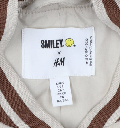 H&M Smiley Women Beige S Varsity Bomber Jacket Snap Padded