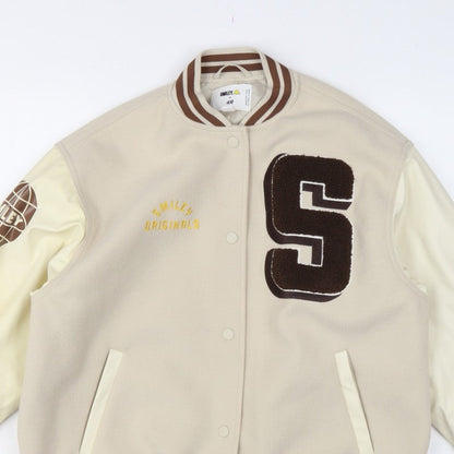 H&M Smiley Women Beige S Varsity Bomber Jacket Snap Padded
