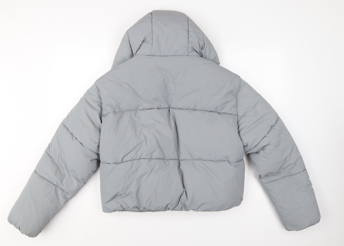 Zara Women Grey S Hooded Puffer Jacket Short Quilted Zip Pockets