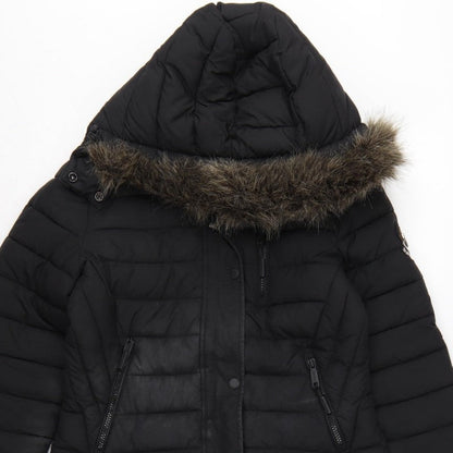 Superdry Women Black UK 8 Hooded Faux Fur Trim Puffer Coat