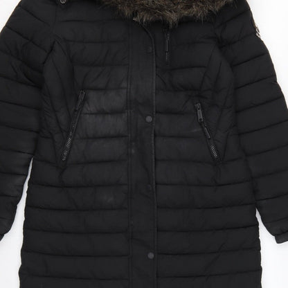 Superdry Women Black UK 8 Hooded Faux Fur Trim Puffer Coat