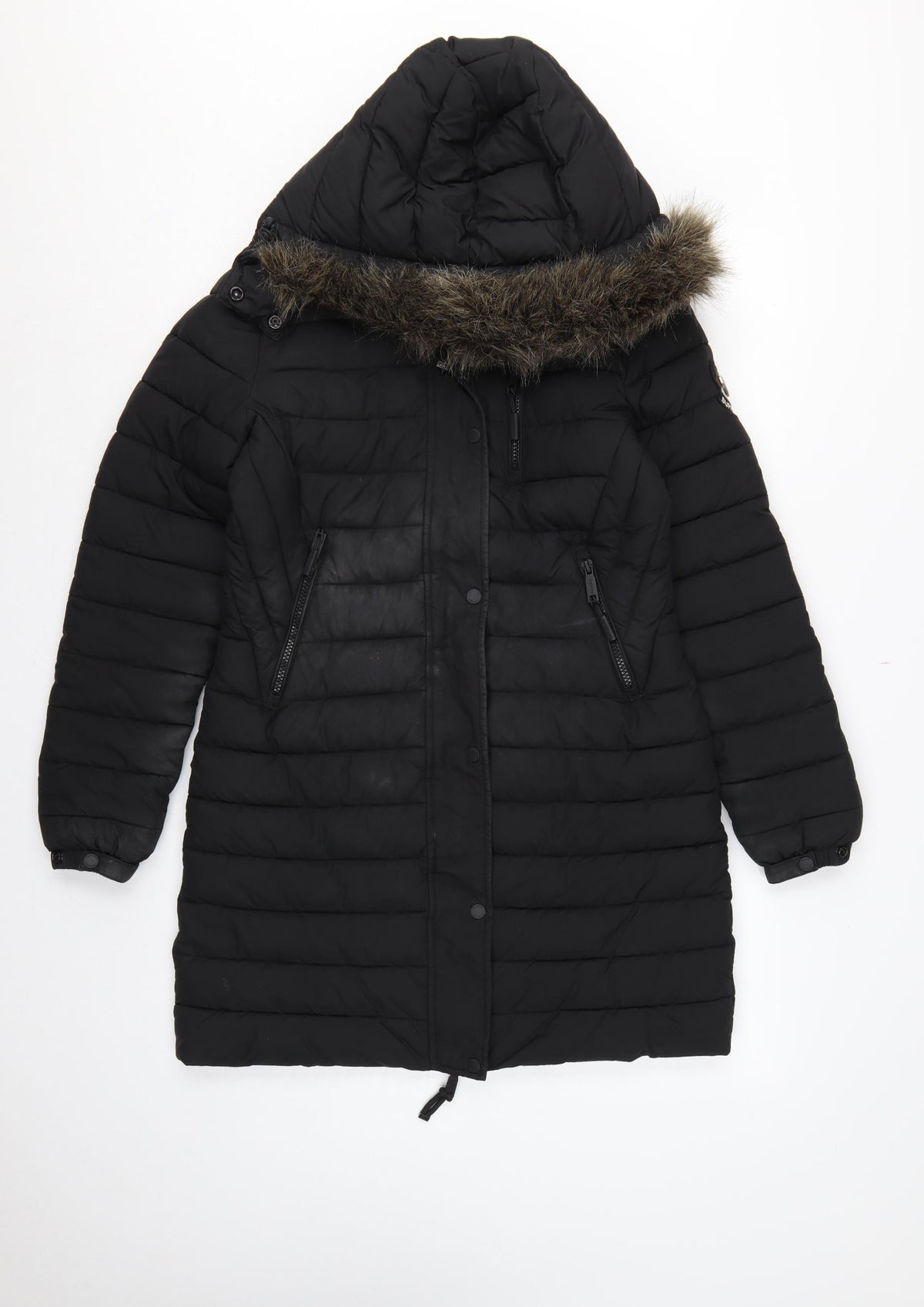 Superdry Women Black UK 8 Hooded Faux Fur Trim Puffer Coat
