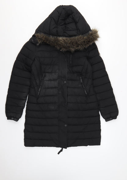 Superdry Women Black UK 8 Hooded Faux Fur Trim Puffer Coat
