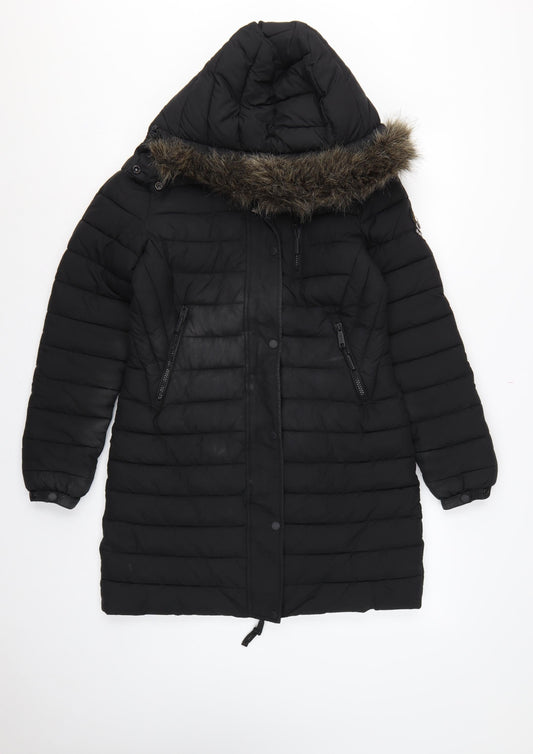 Superdry Women Black UK 8 Hooded Faux Fur Trim Puffer Coat