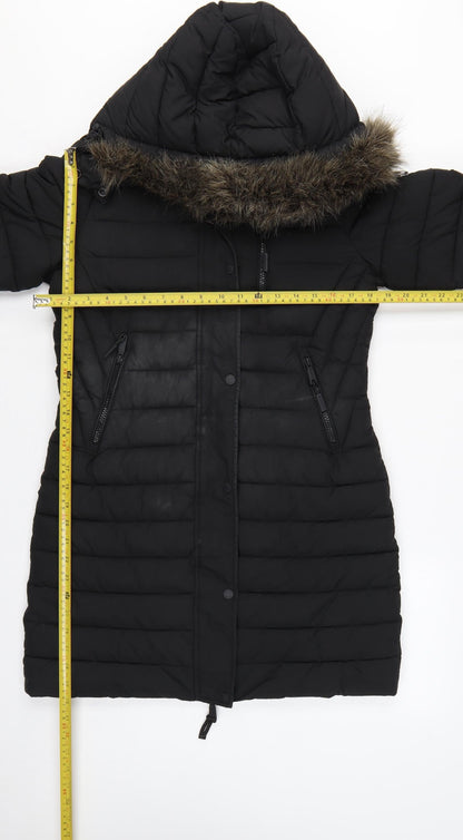 Superdry Women Black UK 8 Hooded Faux Fur Trim Puffer Coat
