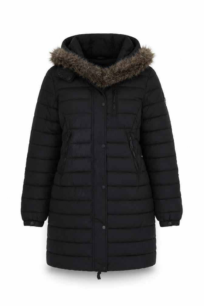 Superdry Women Black UK 8 Hooded Faux Fur Trim Puffer Coat
