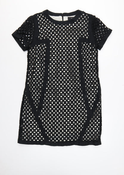 Next Women’s Black Cotton Lace Shift Dress UK 16 Short Sleeve Lined