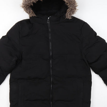 SoulCal & Co Boys Black 13 Years Puffer Parka Faux Fur Hood