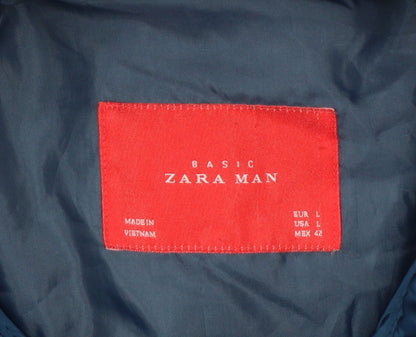 Zara Man Men Blue L Bomber Jacket Quilted Sleeve Full Zip