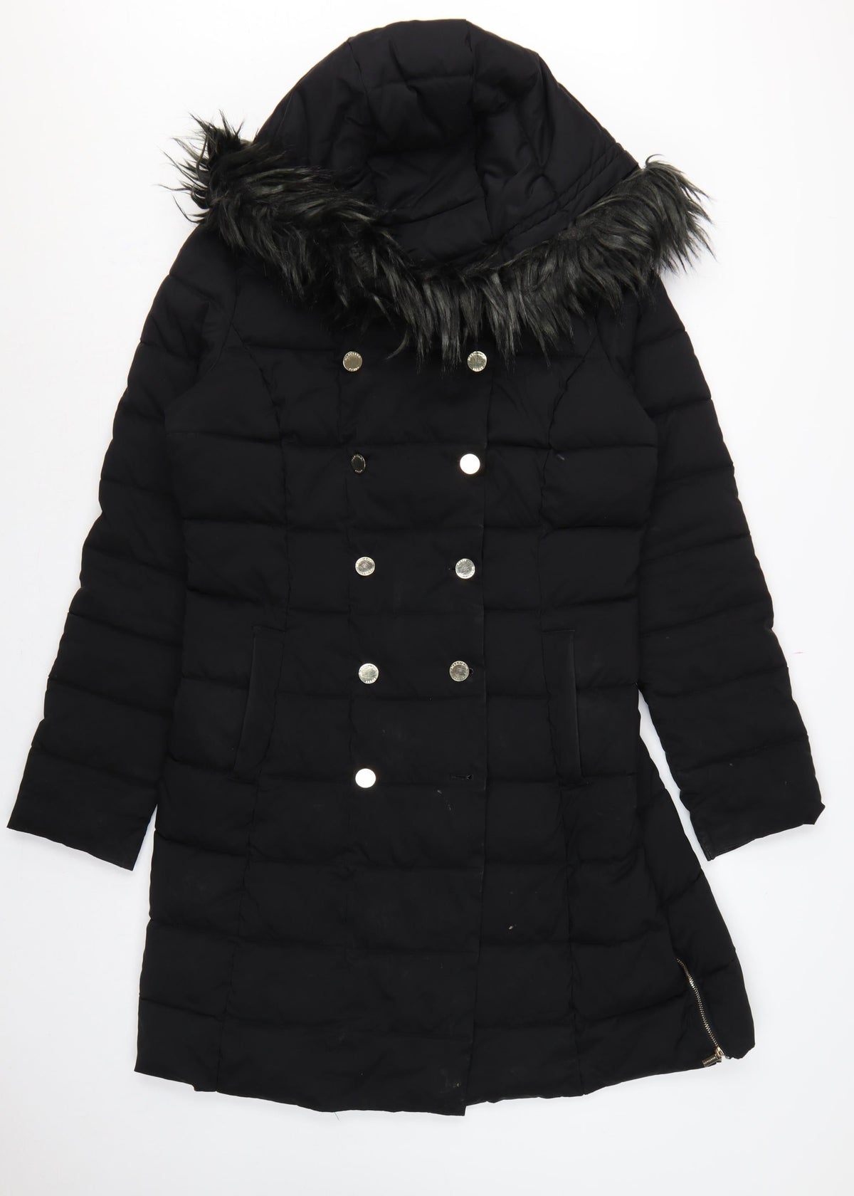Marciano Guess Women Black XL Long Puffer Coat Faux Fur Hood
