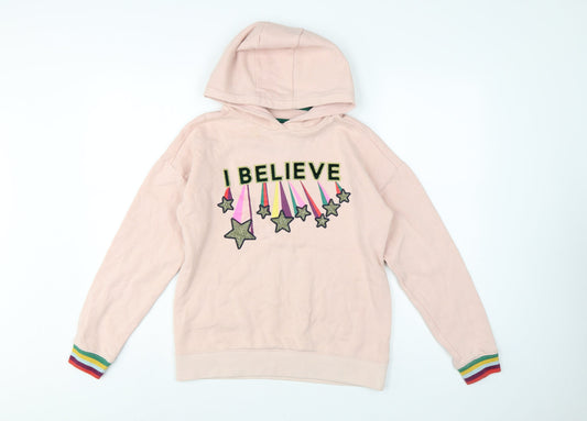 Back view of Boden girls’ pink 11-12 years pullover hoodie glitter star rainbow