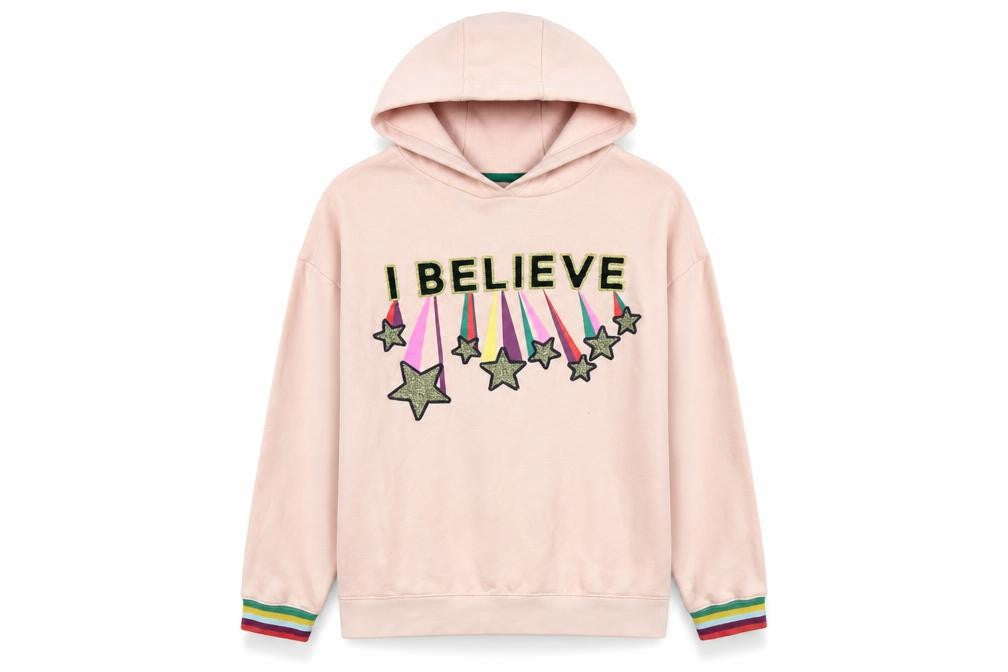 Boden Girls Pink 11-12 Years Pullover Hoodie Glitter Star Rainbow