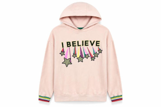 Front view of Boden girls’ pink 11-12 years pullover hoodie glitter star rainbow
