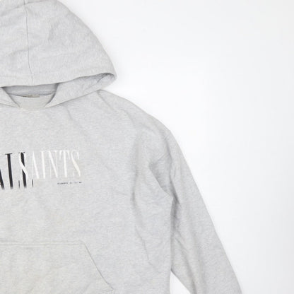 AllSaints Women’s Grey Medium Logo Pullover Hoodie Cotton Blend