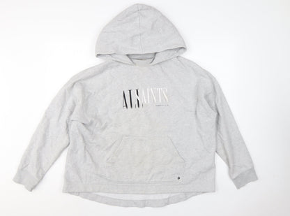 AllSaints Women’s Grey Medium Logo Pullover Hoodie Cotton Blend