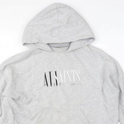 AllSaints Women’s Grey Medium Logo Pullover Hoodie Cotton Blend