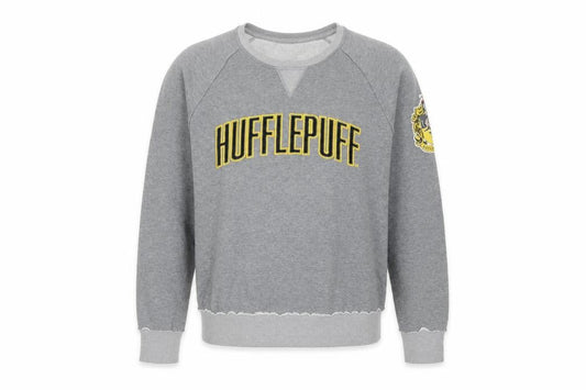 Front view of Harry Potter unisex grey l hufflepuff graphic pullover sweatshirt