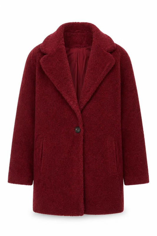Front view of Next girls’ red teddy fleece coat 15 years collared lined pockets