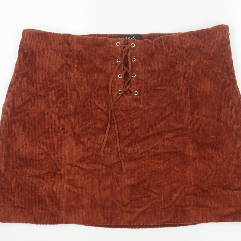Lola Skye Women Brown UK 16 Corduroy Lace Up Mini Pencil Skirt