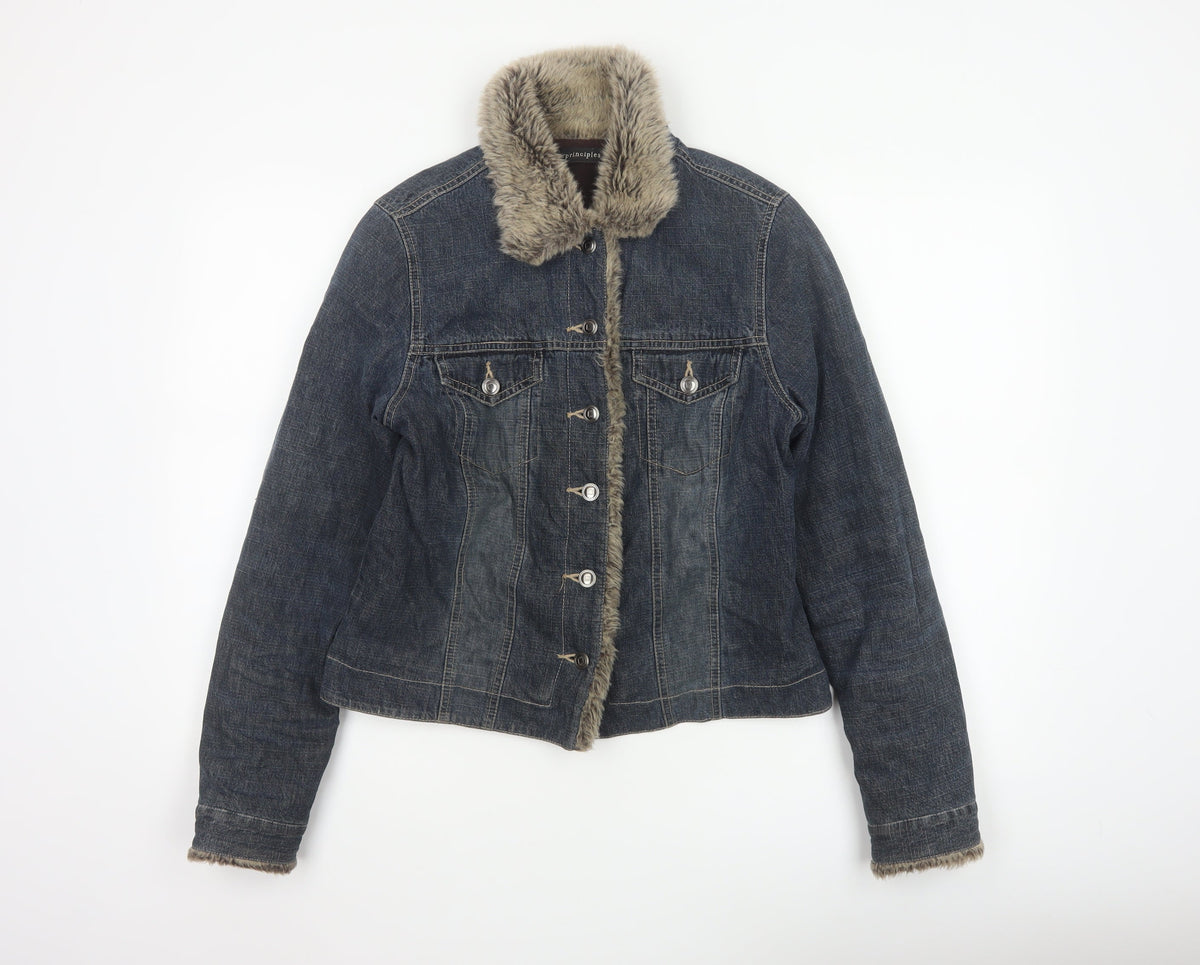 Principles Women Blue Cotton Faux Fur Trim Basic Jacket UK 12 Padded