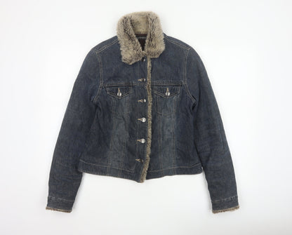 Principles Women Blue Cotton Faux Fur Trim Basic Jacket UK 12 Padded