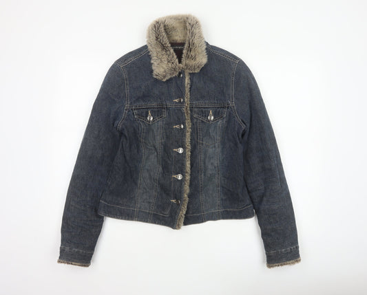 Principles Women Blue Cotton Faux Fur Trim Basic Jacket UK 12 Padded