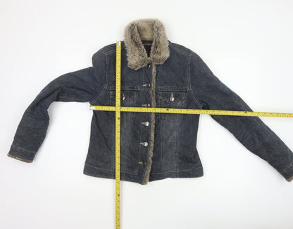 Principles Women Blue Cotton Faux Fur Trim Basic Jacket UK 12 Padded